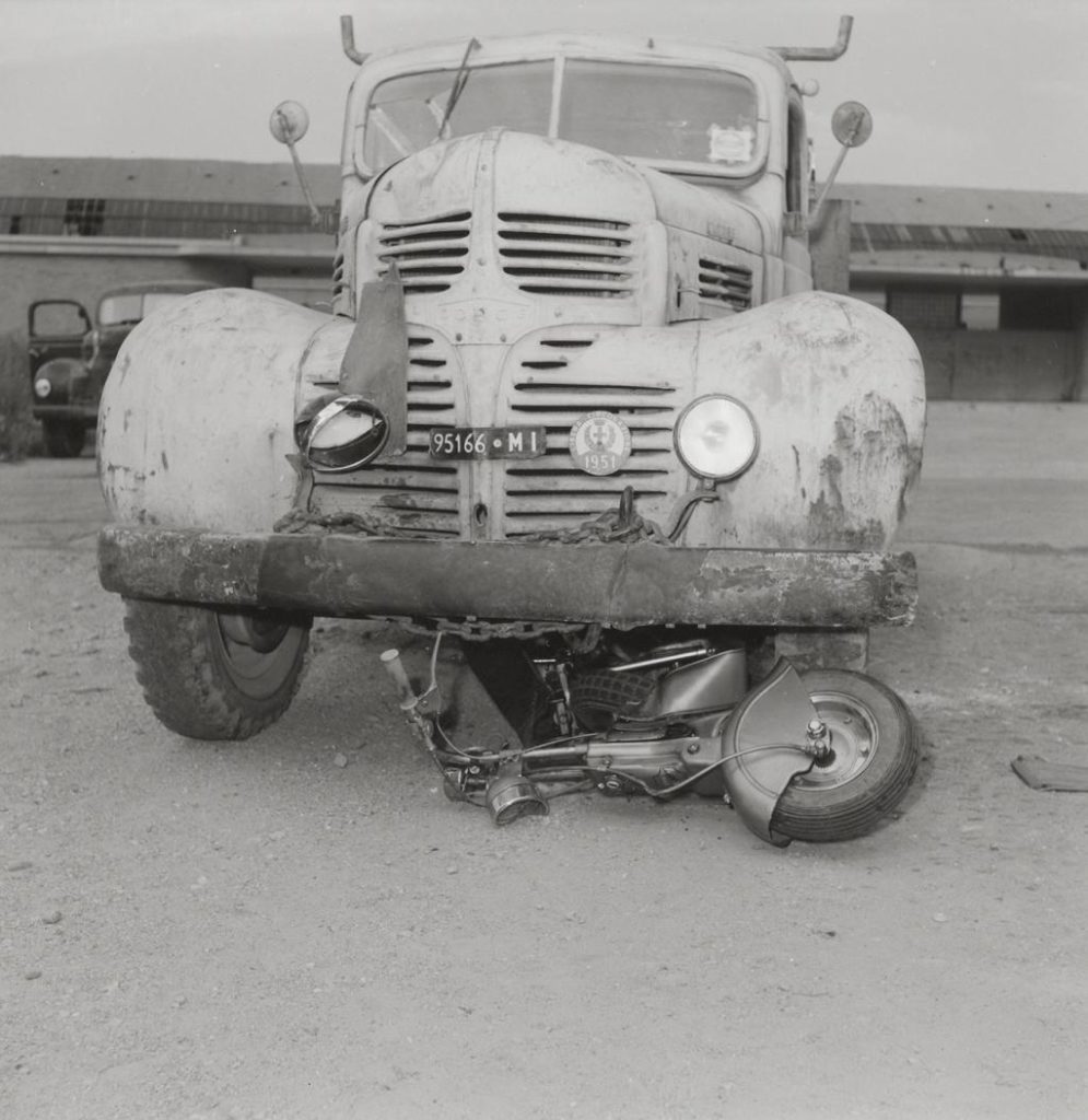 1950 A Dodge truck run over a Lambretta
