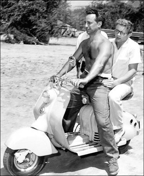 James Dean and director Elai Kazan on Deans Lambretta scooter on the set of East of Eden