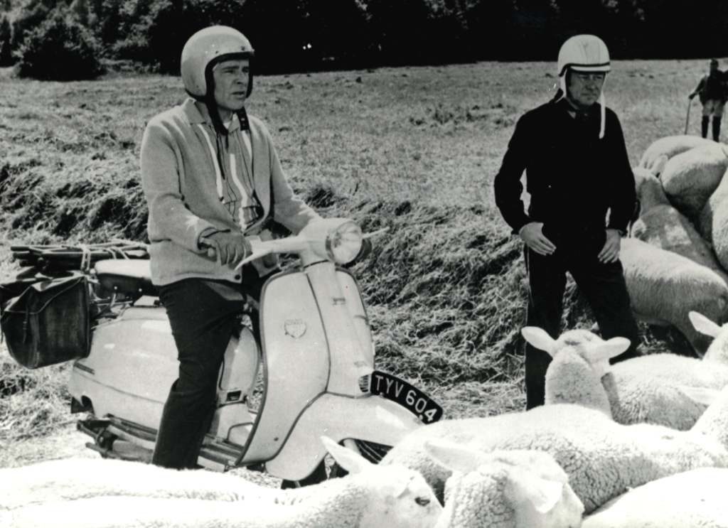 Richard Burton and Rex Harrison on Lambretta scooter