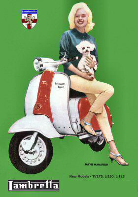 Jayne Mansfield with dog on Lambretta scooter
