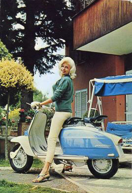 Jayne Mansfield on white and blue Lambretta scooter